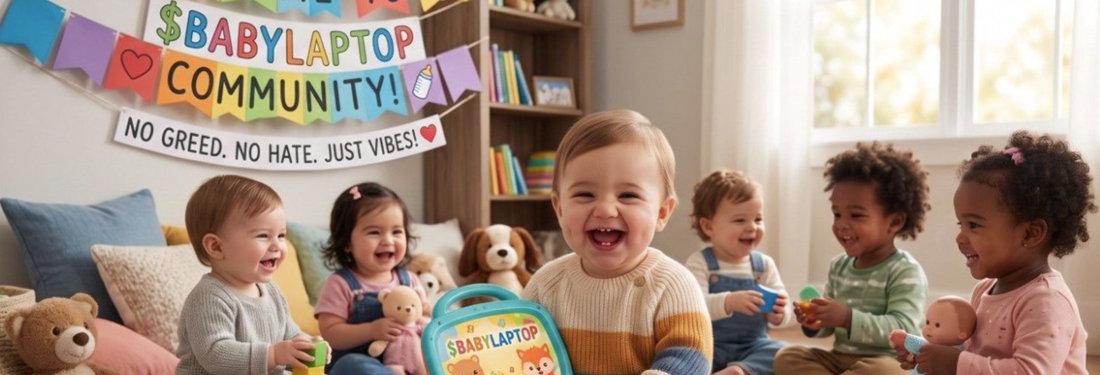 Baby Laptop and his friends playing together in a bright room with a colorful BABYLAPTOP community banner