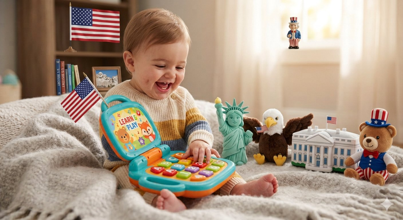 A happy baby boy playing with his colorful toy laptop, surrounded by American-themed toys